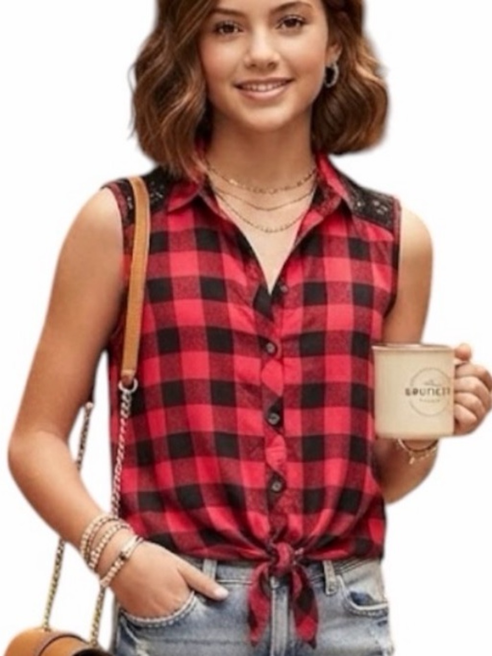 NO BOUNDARIES Buffalo Plaid Shirt With Lace Tie-Front Girls 15-17Y